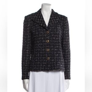 St John Collection Black Tweed Patterned Blazer with Button Details